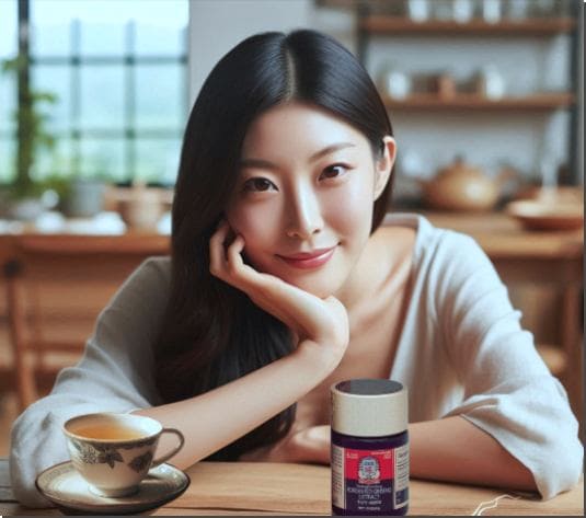 인삼 수삼의 진세노사이드 , 인삼 영양제와 인삼 차를 두고 좋아 하는 젊은 여성 사진