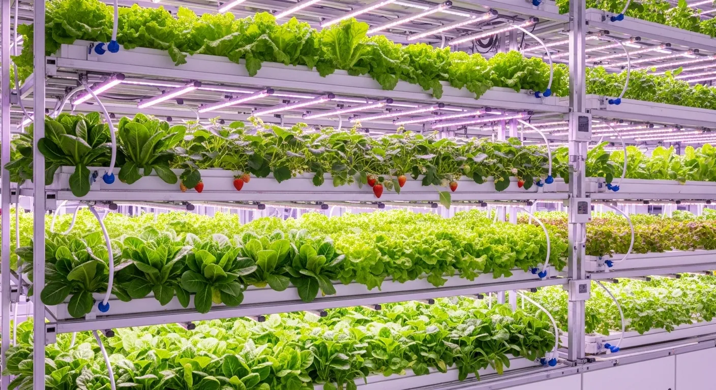 수직 농장이나 스마트팜 온실에서 자라는 신선한 작물들. 현대적인 농업 기술과 친환경적인 재배 환경을 보여줍니다.