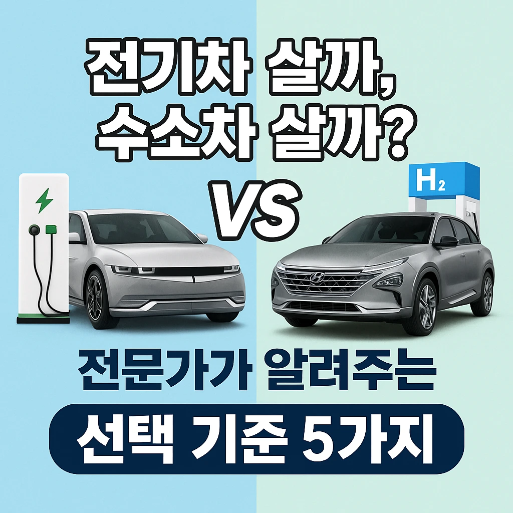 전기차와 수소차 중 구매를 고민하고 있는 분들에게 도움이 될 수 있는 선택 기준 다섯 가지에 대한 안내.