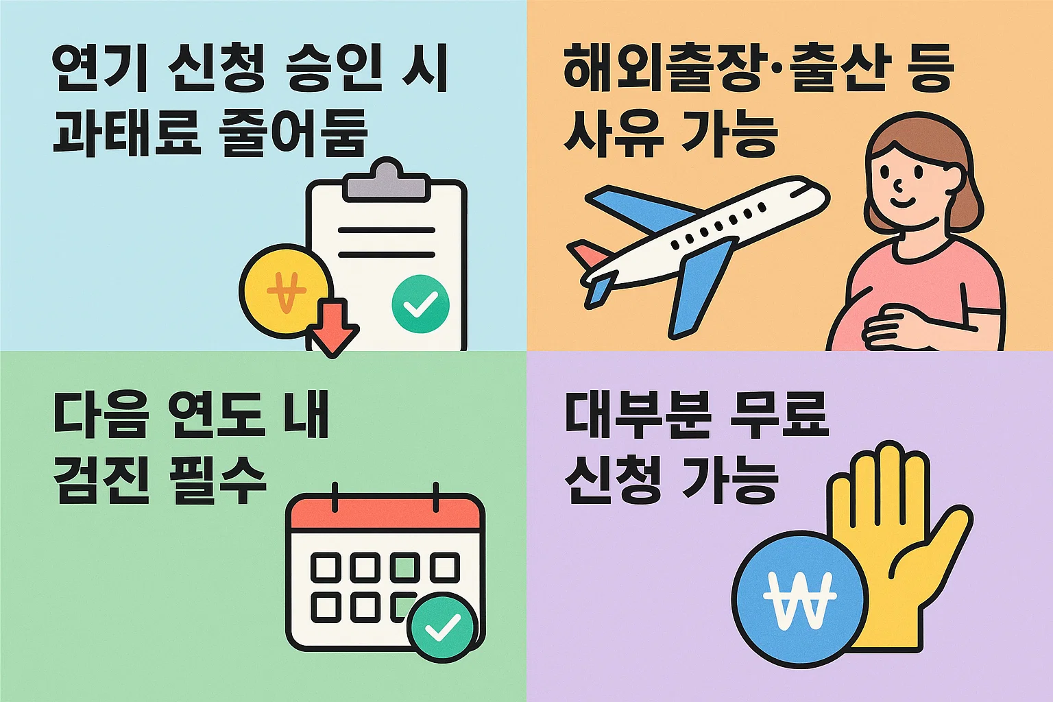 건강검진 연기 승인 시 과태료 감면, 해외출장&middot;출산 사유 인정, 다음 연도 내 수검 의무, 무료 신청 가능 여부 등 자주 묻는 질문을 정리한 인포그래픽.