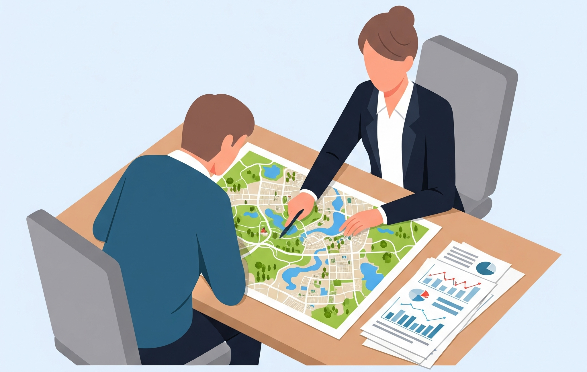 부동산 중개소에서 공인중개사와 상담하며 심층적인 정보를 얻는 모습