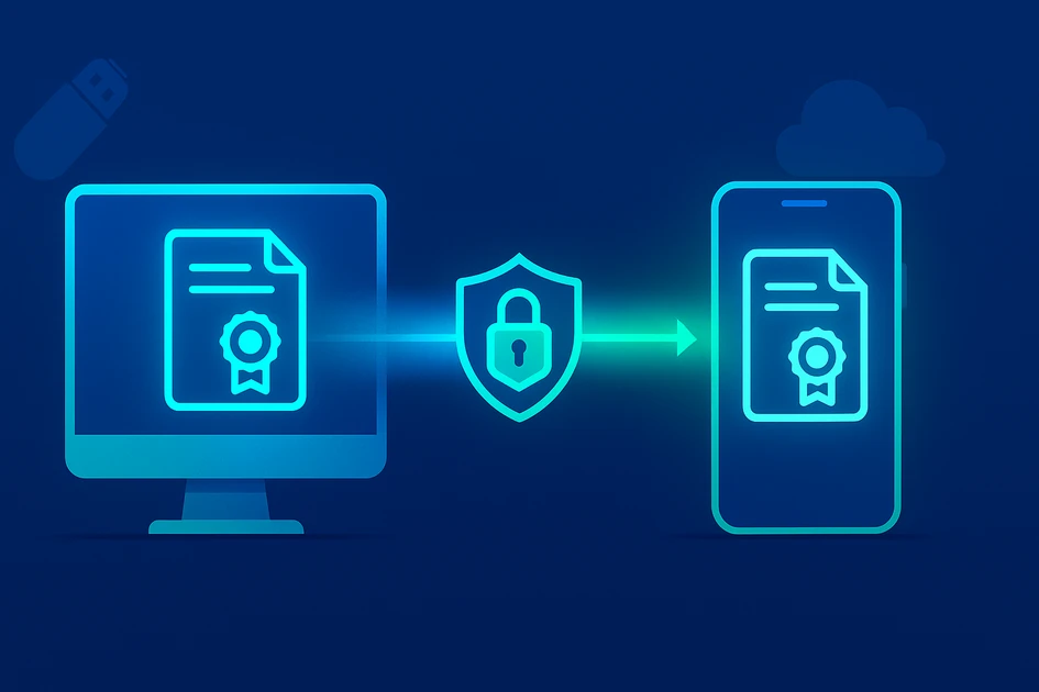 공동인증서를 PC와 스마트폰 간에 안전하게 복사하는 과정을 표현한 인포그래픽 - 보안 인증 전송 개념도
