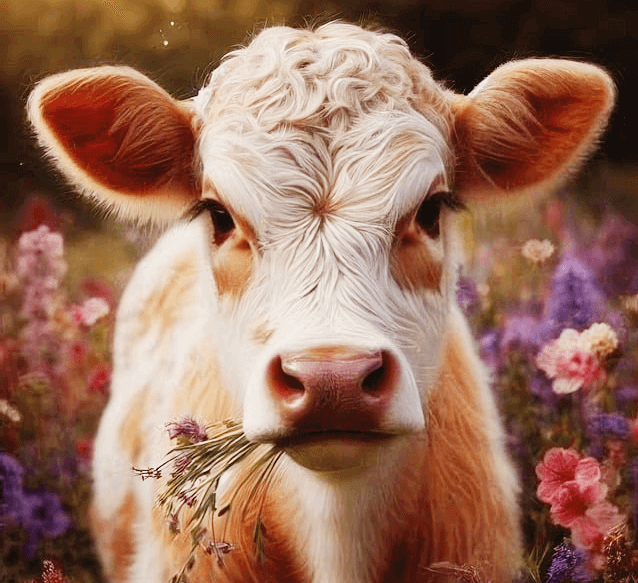 하얀 털을 가진 어린 송아지가 입에 보라색 들꽃을 문채 정면을 바라보고 있다.