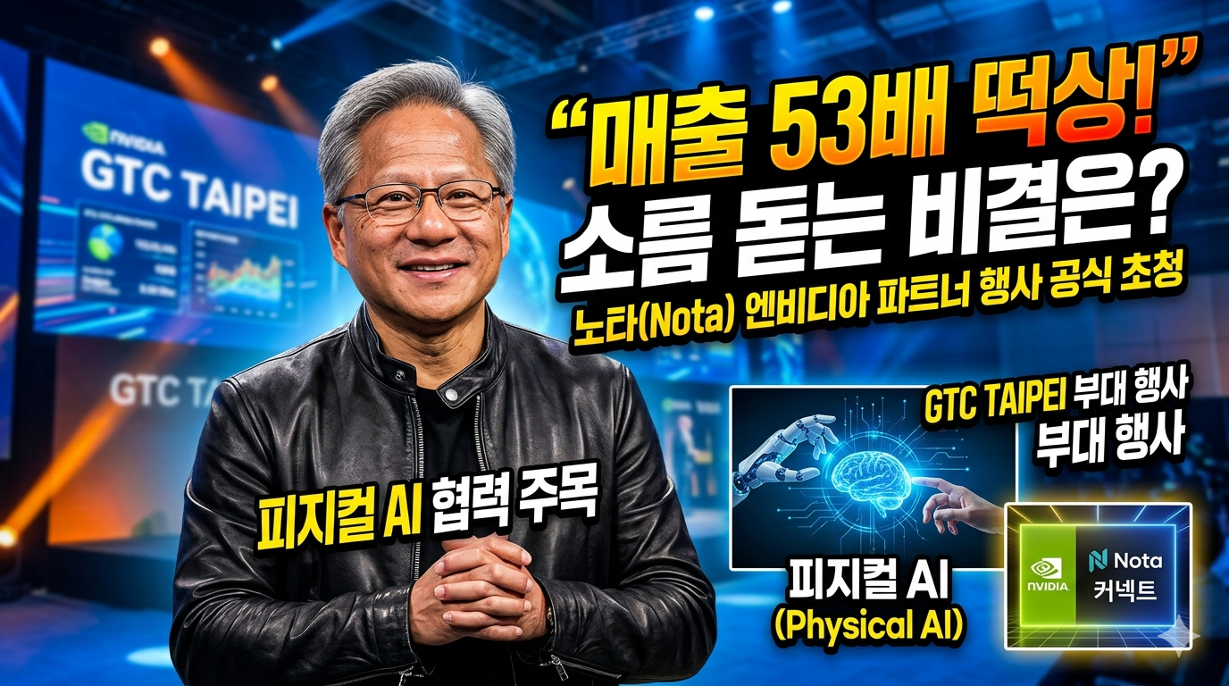 엔비디아 젠슨 황 CEO와 노타의 협력을 상징하는 로고 및 피지컬 AI 이미지