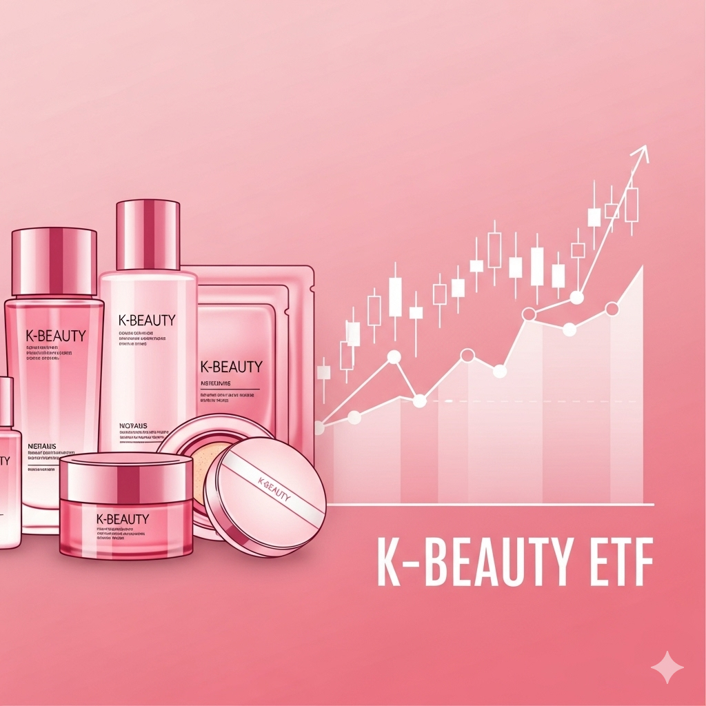 붉은색 톤의 그래픽 디자인 이미지. 왼편에는 토너, 로션, 마스크팩, 크림, 쿠션 등의 K-뷰티 제품군이 보이고, 오른편에는 우상향하는 주식 차트와 캔들스틱이 표시되어 있다. 하단에는 'K-BEAUTY ETF'라는 텍스트가 있다.