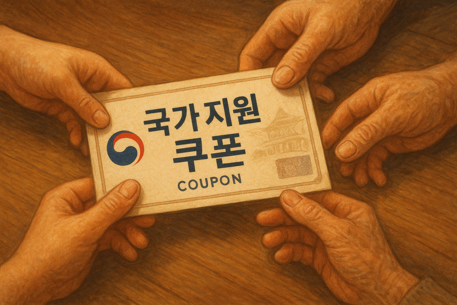 다양한 연령의 손들이 소비쿠폰을 집고 있는 장면