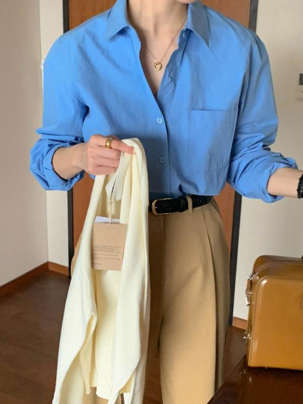 가을 여성 소라색셔츠 코발트블루셔츠 흰남방 바스락셔츠