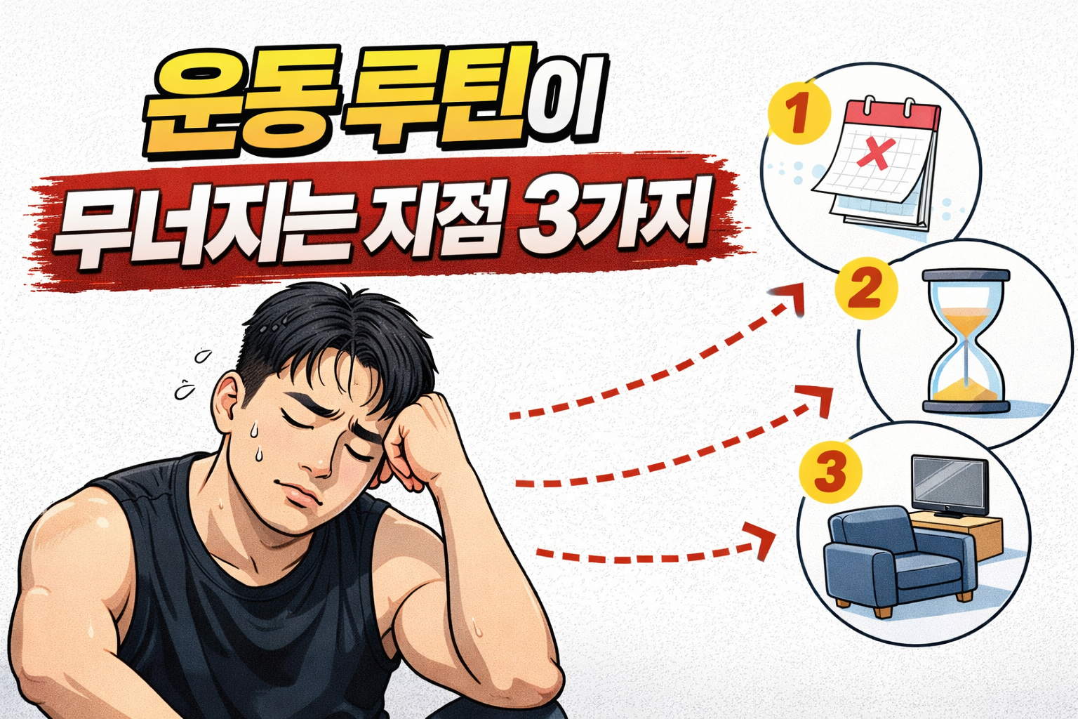 운동 루틴이 무너지는 지점 3가지를 일정 누락과 시간 부담, 휴식으로 표현한 2D 일러스트