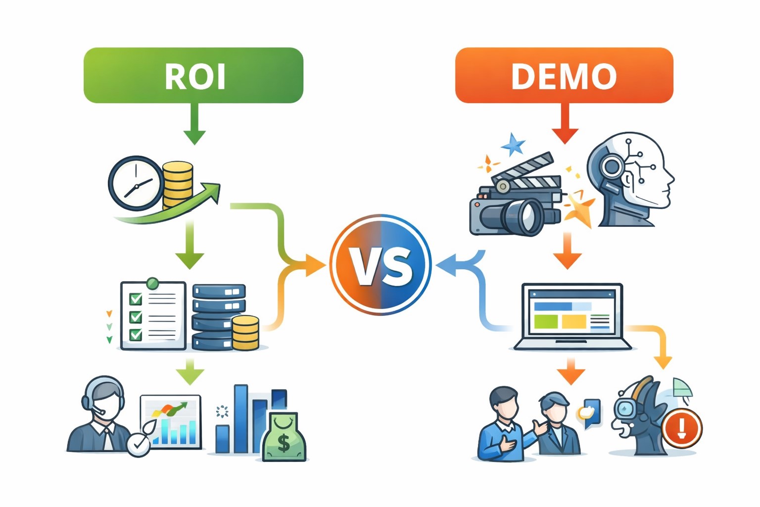 ROI 중심과 데모 중심 AI 제품의 차이를 아이콘으로 대비한 요약 다이어그램