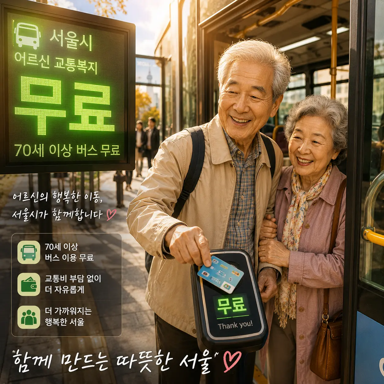 K-패스 적용을 검토 중입니다. 65~69세도 월 15회 이상 이용 시 K-패스 할인을 받을 수 있도록 하는 방안입니다. 단계적 상향(65&rarr;67&rarr;70세)도 논의 중