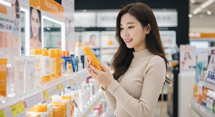 선크림 제품을 고르고 있는 여성 이미지
