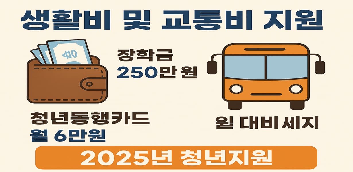 "2025년 청년 생활비 및 교통비 지원 안내 이미지, 장학금과 대중교통 혜택 포함"