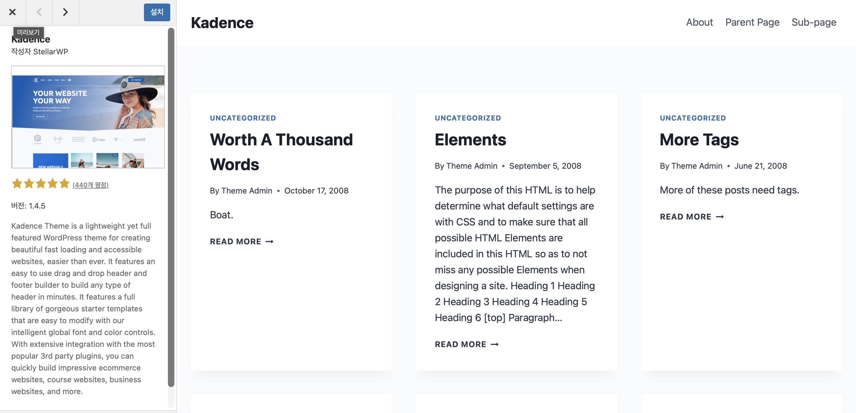 Kadence 설치 화면에서 테마 미리보기