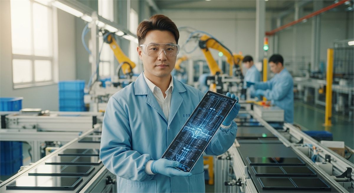 태양광 제조라인에서 패널을 들고 있는 한국인 기술자 장면 