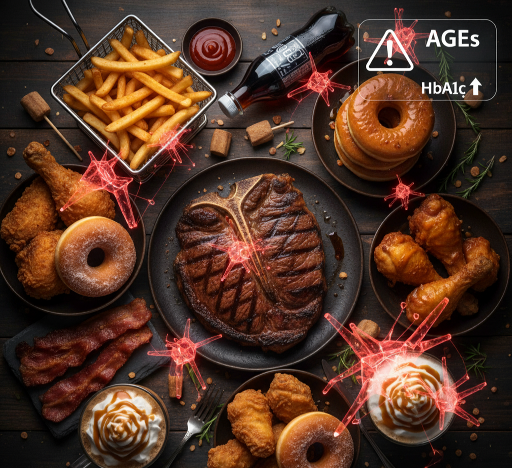 당독소(AGEs)가 많은 고당·고열량 식단 예시 – 튀김, 도넛, 탄산음료, 스테이크