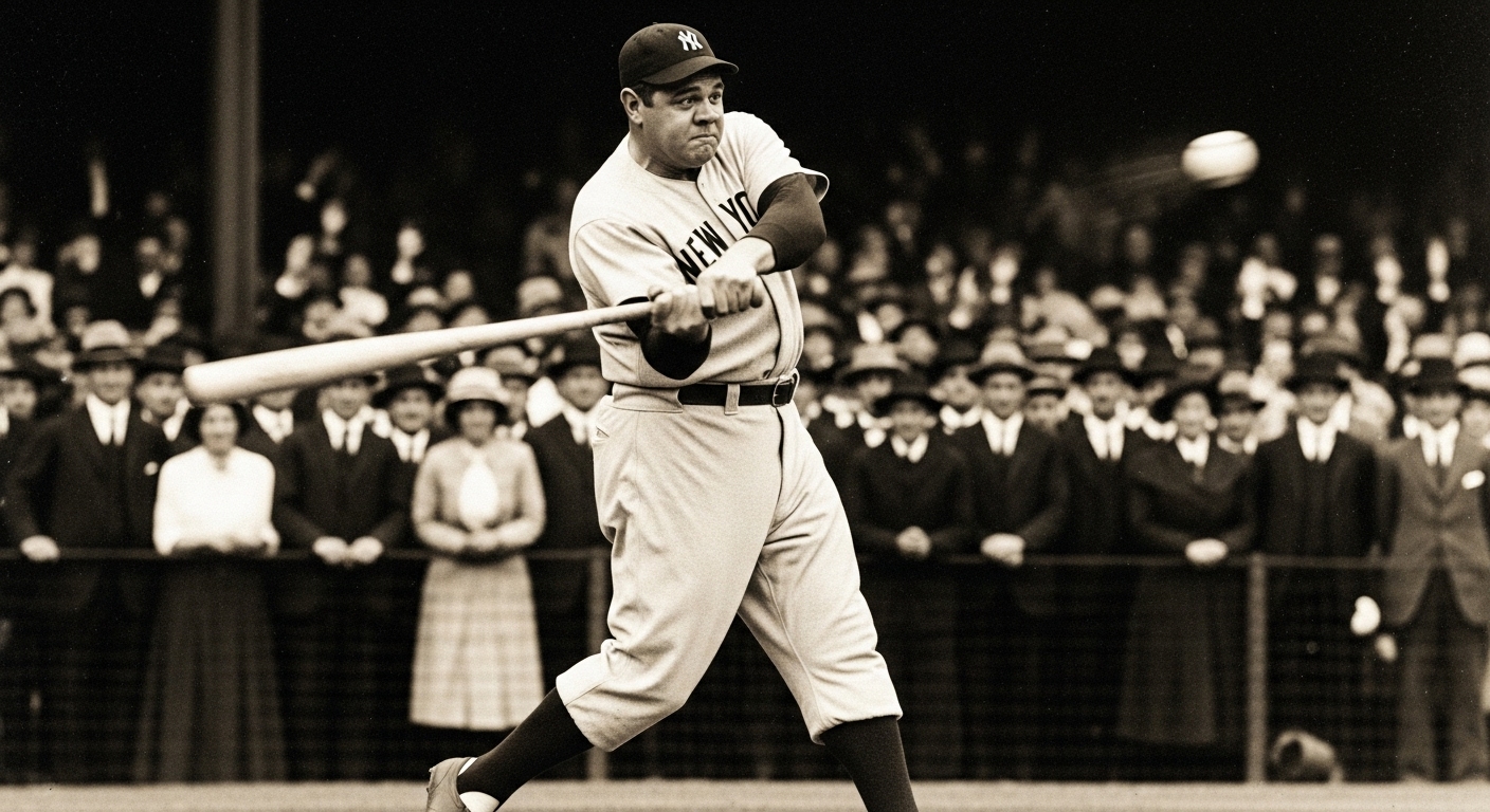 베이브 루스가 홈런을 치는 역사적인 순간, 장타 야구의 시작을 알리는 모습