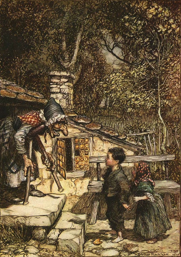 The witch welcomes Hansel and Gretel into her hut. Illustration by Arthur Rackham&amp;#44; 1909.