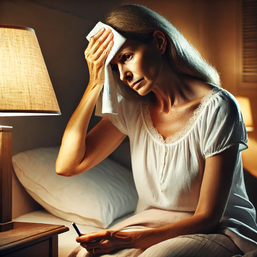 여성 갱년기 증상으로 힘들어하는 중년여자 이미지