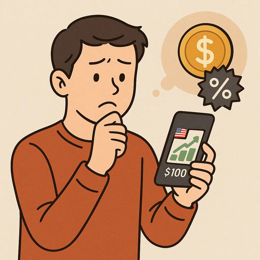 해외-주식-소액-투자에서-스마트폰을-보며-수수료를-걱정하는-남성의-모습-투자-금액과-수수료의-상관관계를-상징적으로-표현한-장면