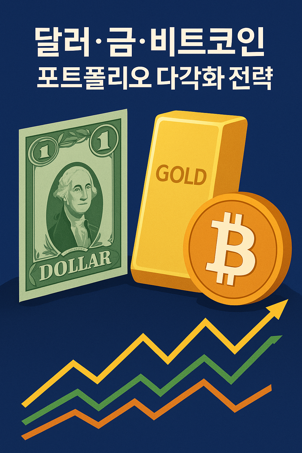 달러 지폐, 금괴, 비트코인 동전이 함께 배치된 이미지와 상승하는 그래프가 포함된 포트폴리오 다각화 전략 대표 이미지