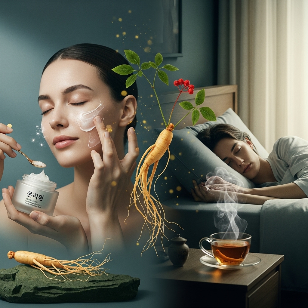 빛나는 피부를 가진 여성이 장뇌삼 크림을 바르고 평화롭게 잠든 사람이 장뇌삼 차를 마시는 모습이 조화롭게 어우러진, 장뇌삼의 뷰티 및 숙면 활용법을 보여주는 몽환적인 이미지.