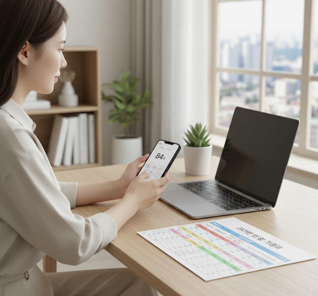 여성이 노트북과 2025년 청약 가점표가 놓인 책상에서 스마트폰 앱으로 청약 가점을 계산하는 모습