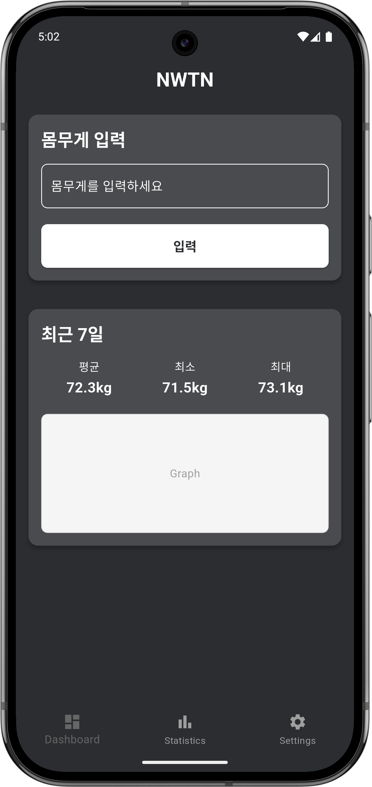 Newton Project - 몸무게 기록 앱 - Dashboard page dark mode 모습이다.