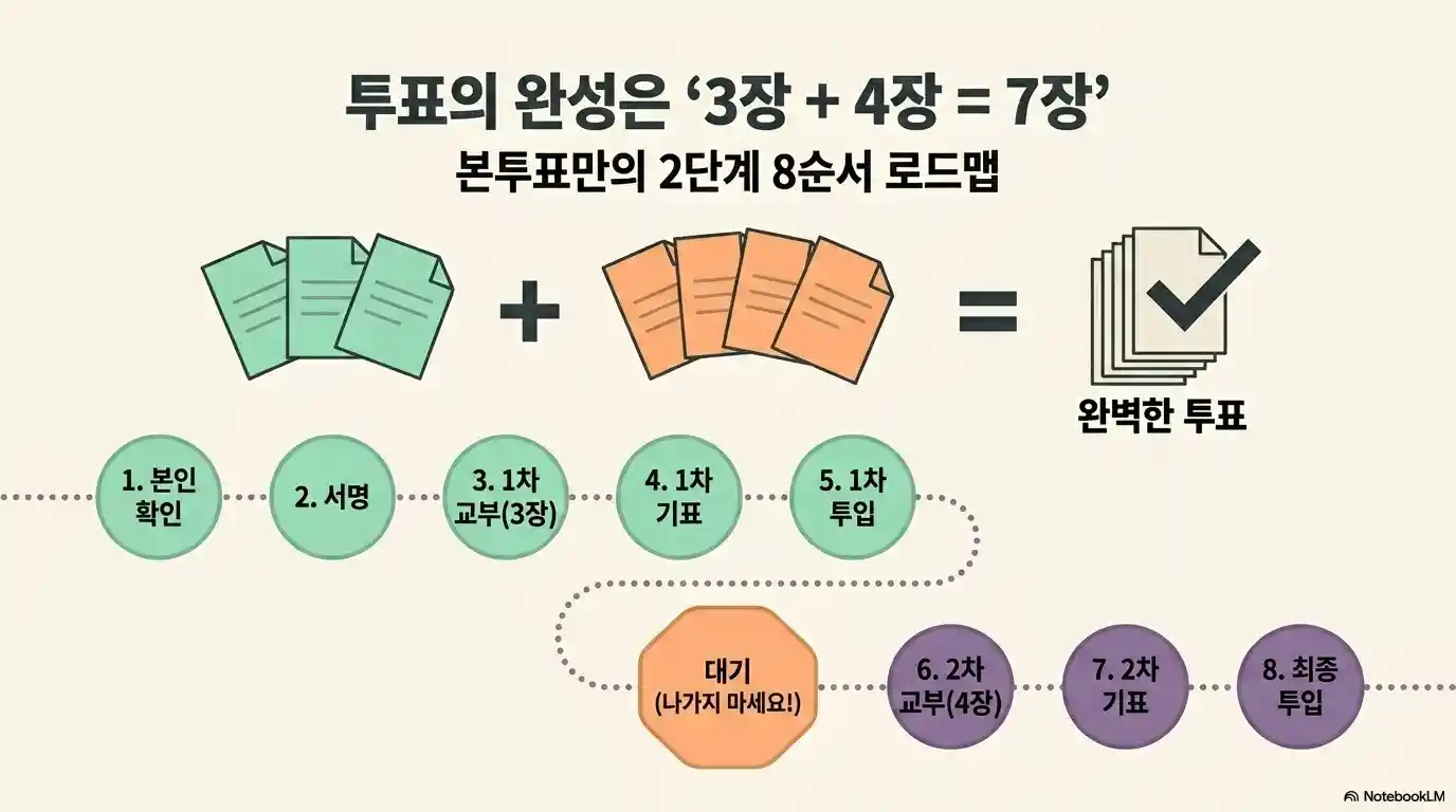 본투표 2단계 8순서 로드맵 - 1.본인확인 2.서명 3.1차교부(3장) 4.1차기표 5.1차투입 &rarr; 대기(나가지 마세요) &rarr; 6.2차교부(4장) 7.2차기표 8.최종투입, 3장+4장=7장 완벽한 투표