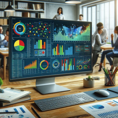 여러 모니터에서 복잡한 데이터 차트와 그래프를 분석하는 모습입니다.