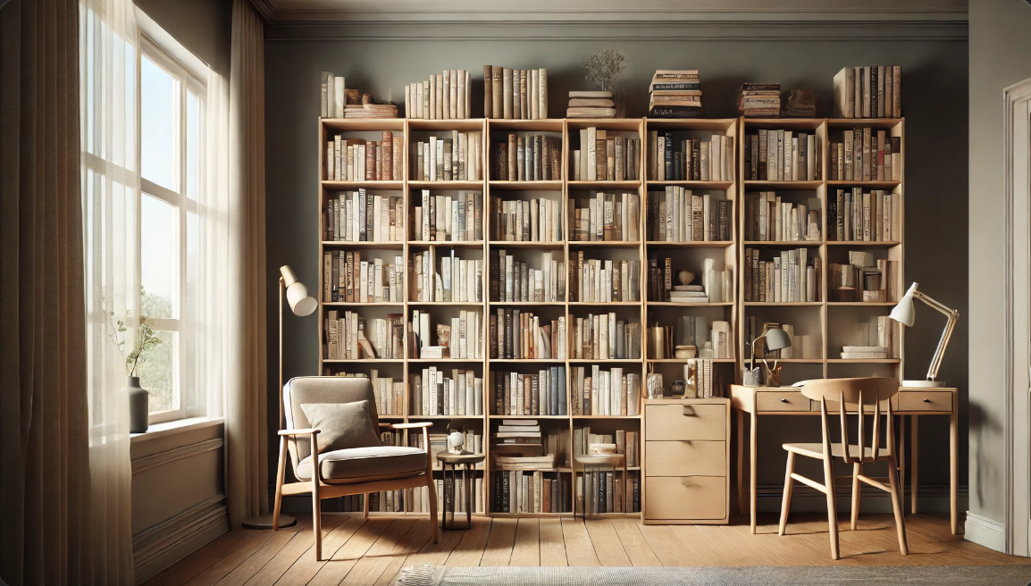 넓은 서재의 깔끔하게 정리된 책장이 보이는 사실적 이미지.