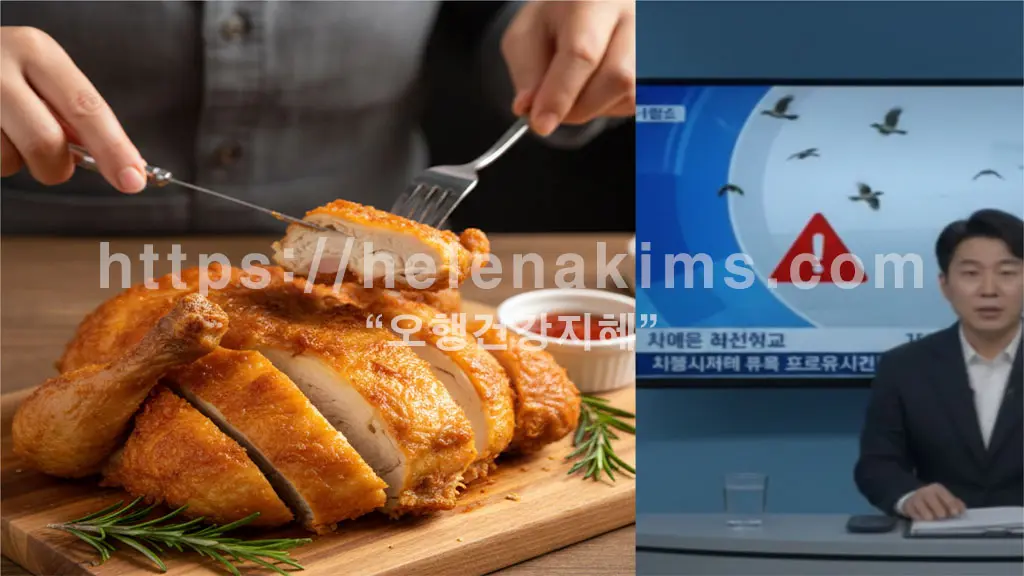 왼쪽은 식탁 위에 치킨을 먹는 모습, 오른쪽은 뉴스 방영 이미지.