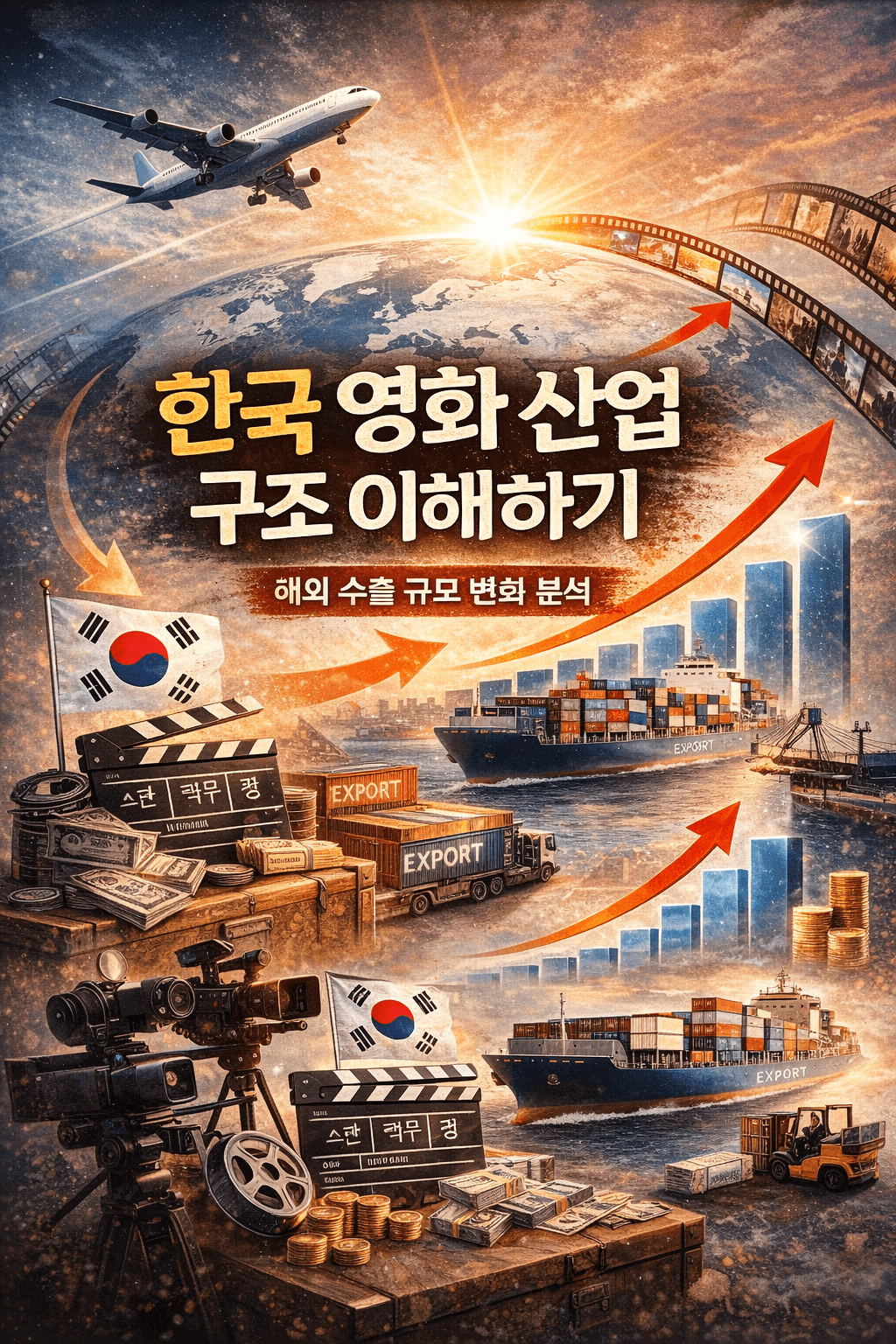 세계 지도를 배경으로 한국 영화 해외 수출 증가를 상징하는 인포그래픽 이미지로, 항공기와 수출 선박, ‘EXPORT’가 표시된 컨테이너, 상승하는 그래프와 화살표가 배치되어 있으며 중앙에는 ‘한국 영화 해외 수출 규모 변화 분석’이라는 제목이 강조되어 있다.