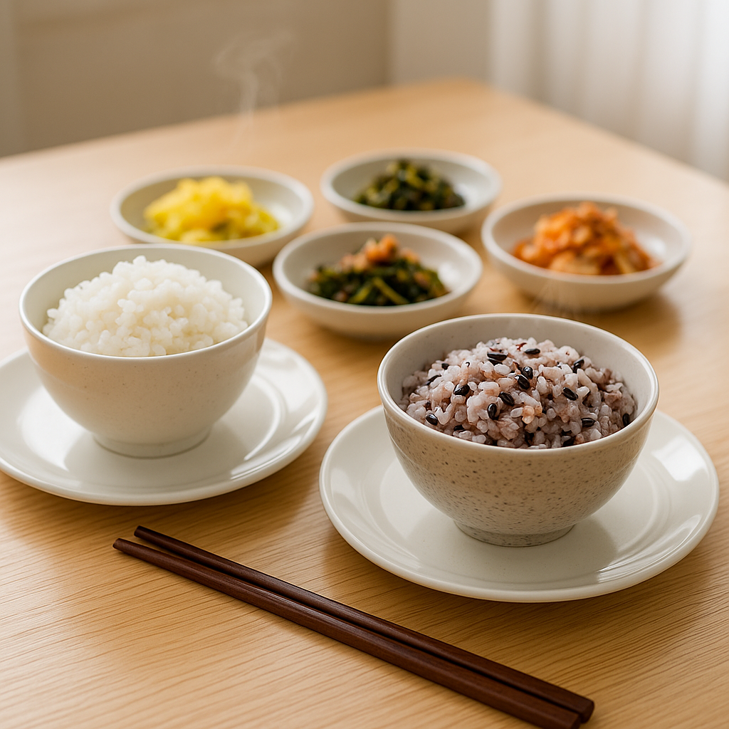 갓 지은 흰쌀밥과 잡곡밥이 함께 놓인 식탁