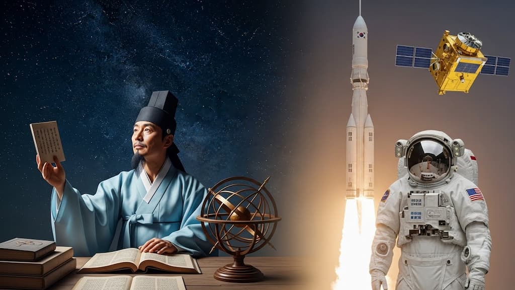 조선 시대 전통 천문학자와 현대 우주인이 함께 우주를 응시하며 한국 천문학의 역사와 미래 비전을 상징적으로 보여주는 이미지.