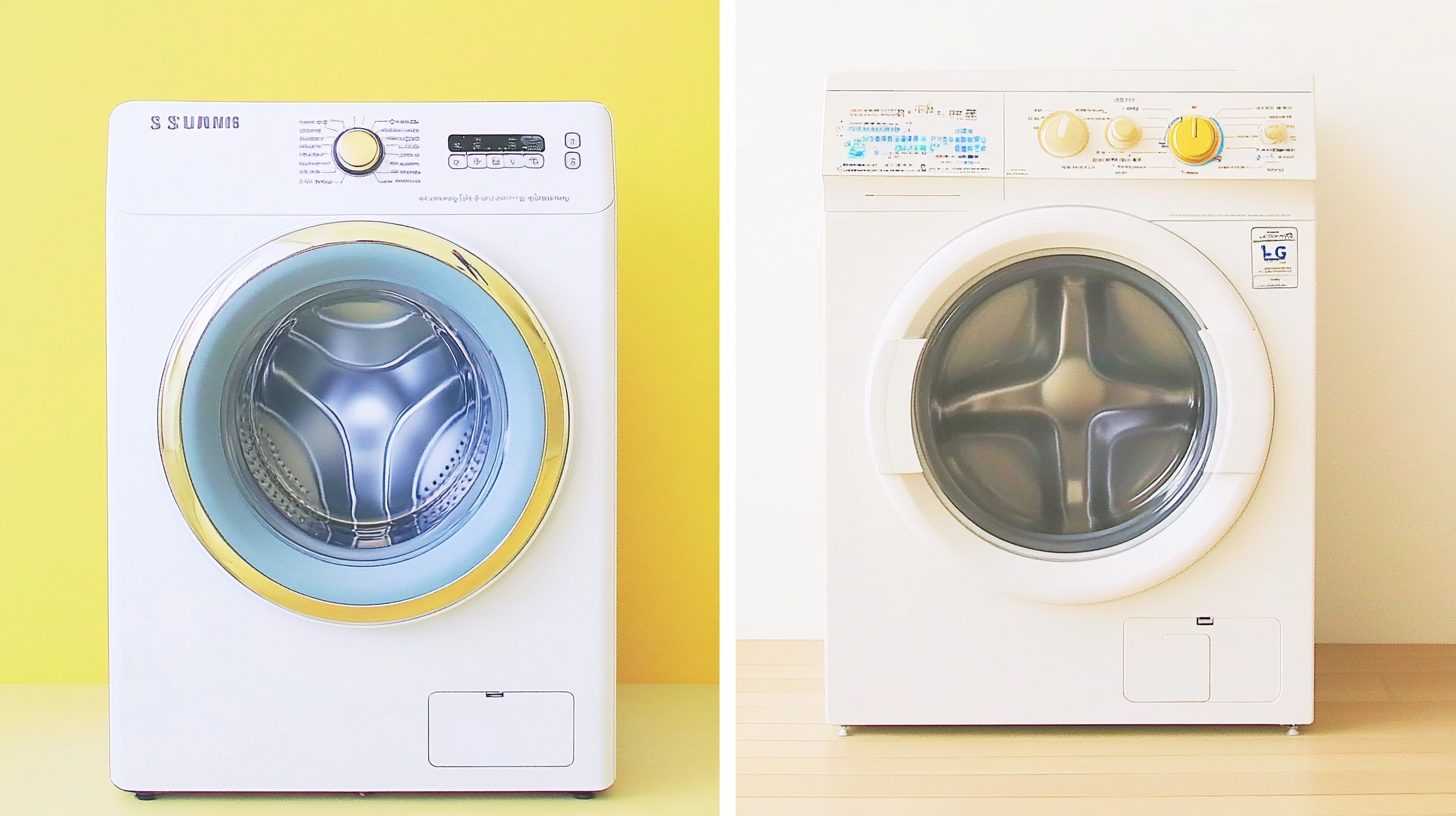 삼성 세탁기와 LG 세탁기의 나란한 비교, 두 제품의 독특한 기능을 강조하여 보여준다.