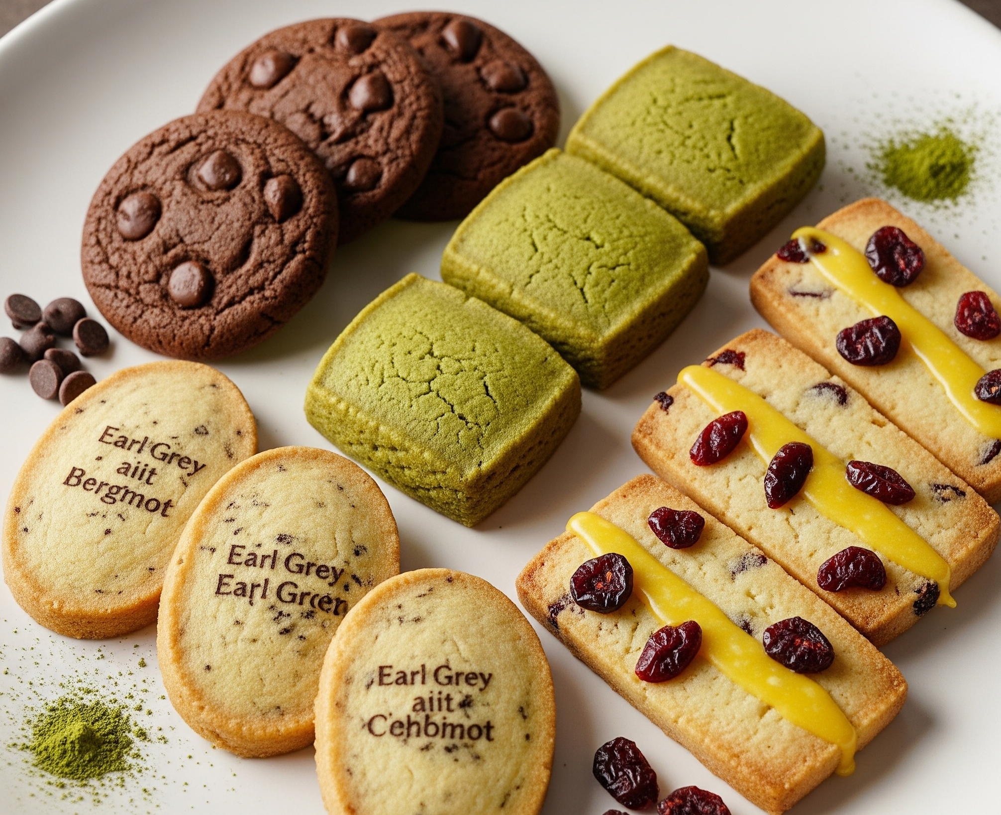 초콜릿, 녹차, 얼그레이, 레몬 크랜베리 맛 쿠키