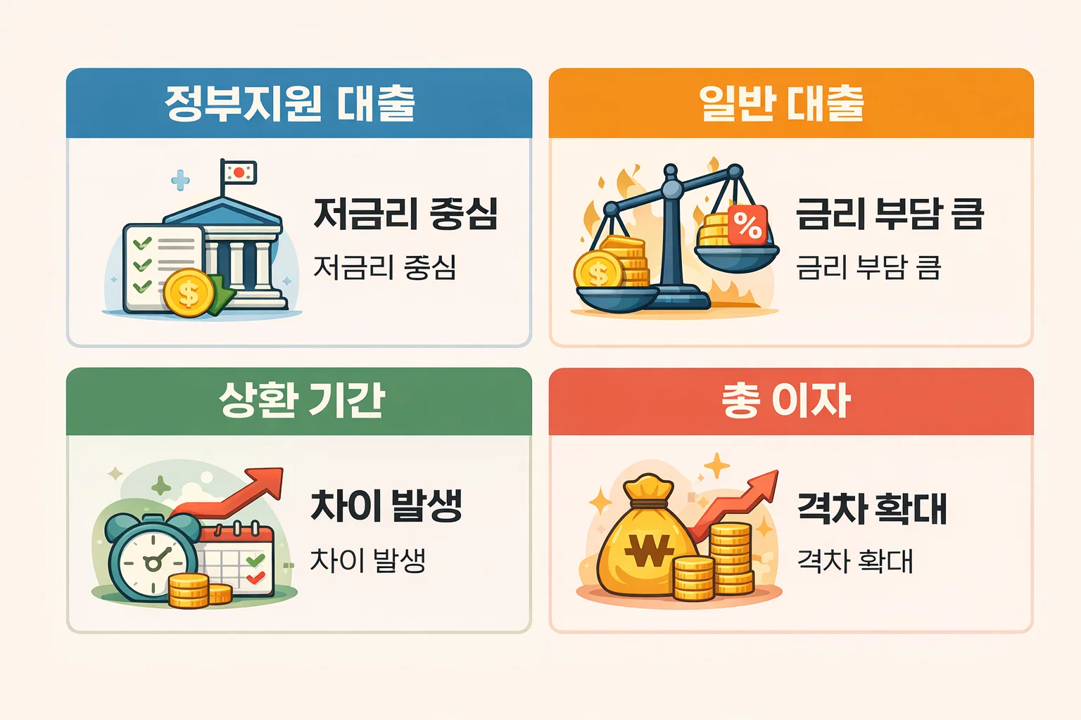 정부지원 사업자대출과 일반 시중은행 대출의 금리 차이, 상환 기간, 총이자 격차를 비교한 인포그래픽