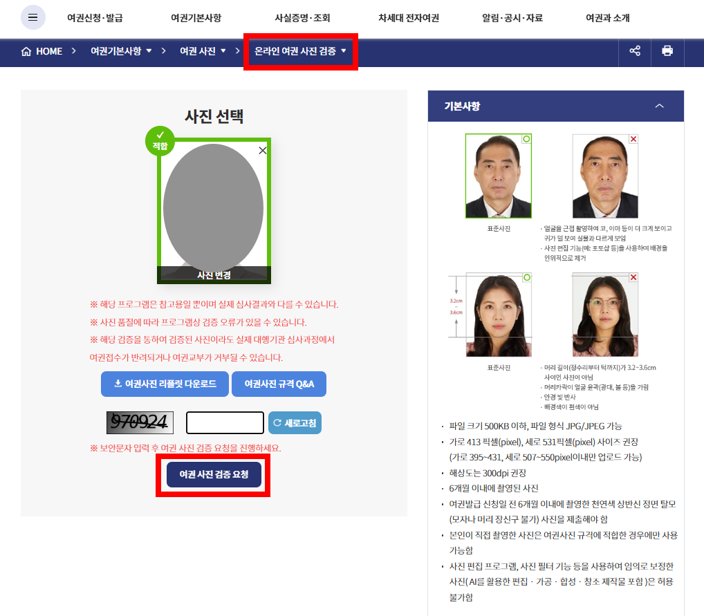 여권 사진 검증 요청 결과 화면