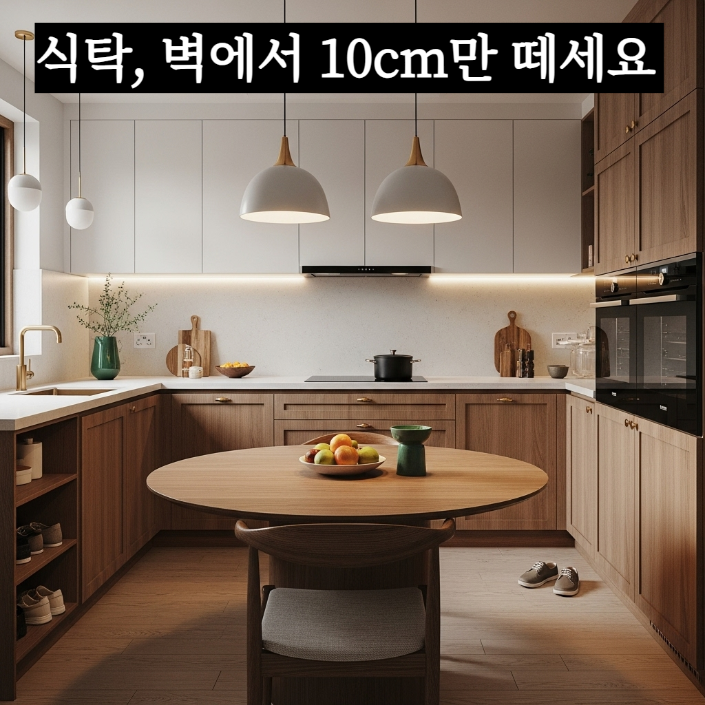 기의 순환을 위해 벽에서 떼어 배치한 현대적인 원목 식탁 인테리어 예시