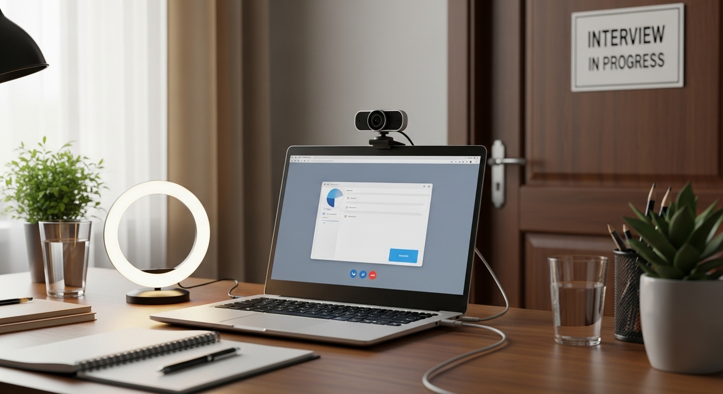 조명과 유선 랜 등 AI 면접을 위해 완벽하게 세팅된 책상 환경