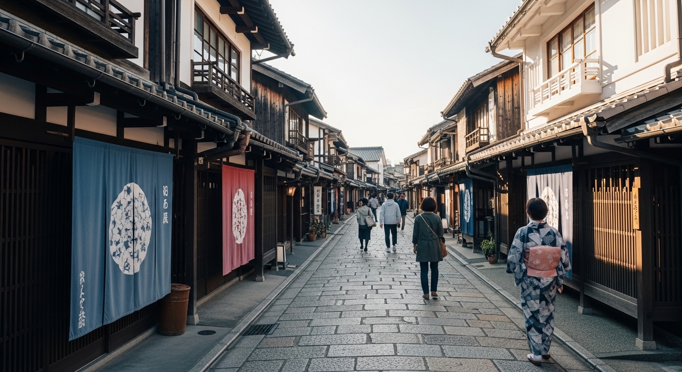 일본 히타 마메다마치의 고풍스러운 거리 풍경. 전통 상점들이 늘어선 좁은 길을 사람들이 한가롭게 걷는 모습.