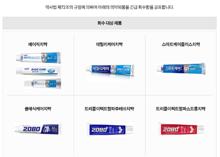 애경 2080치약 회수 제품 리스트