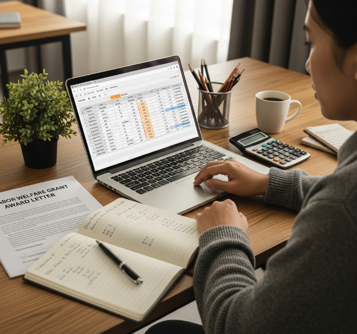 책상에 앉아 노트북과 노트에 근로장려금 수령액을 바탕으로 재정 계획을 짜고 있는 사람. 미래를 위한 금융 계획을 상징