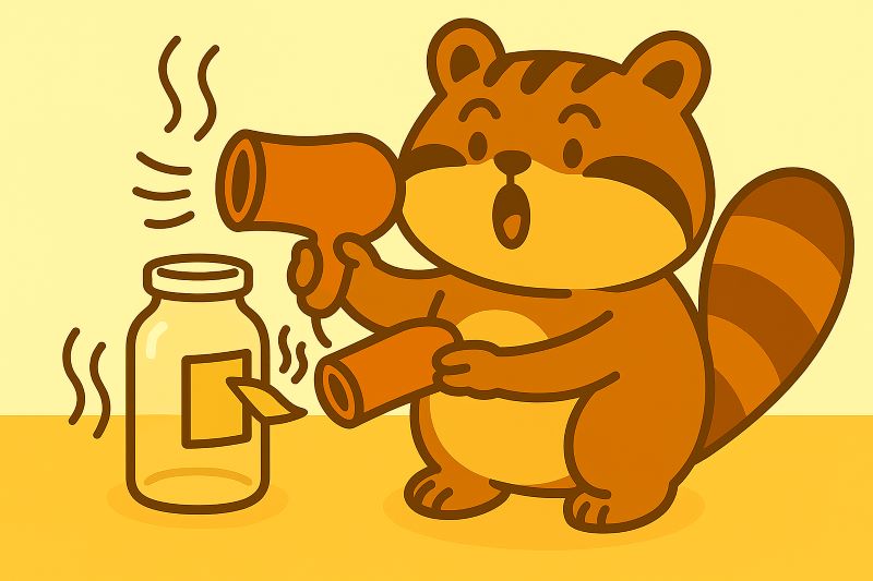 "너구리 캐릭터가 드라이기로 유리병에 붙은 스티커를 쉽게 떼어내며 놀라워하는 모습.