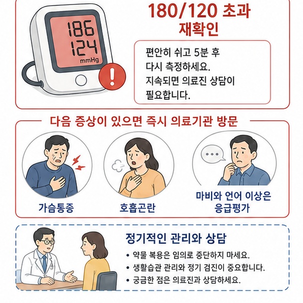혈압이 매우 높으면서 가슴통증이나 호흡곤란, 마비, 언어 이상이 나타날 때 신속한 의료 평가가 필요함을 보여주는 그림