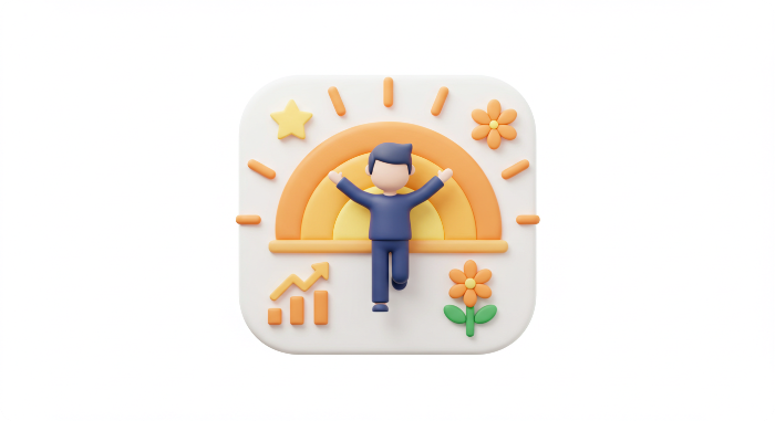 빛을 향해 손을 뻗는 청년 실루엣과 일출을 표현한 3D 희망 메시지 아이콘