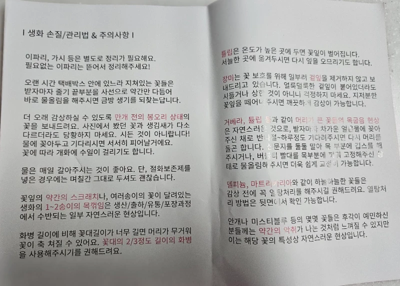 꽃님이-꽃관리방법 안내문