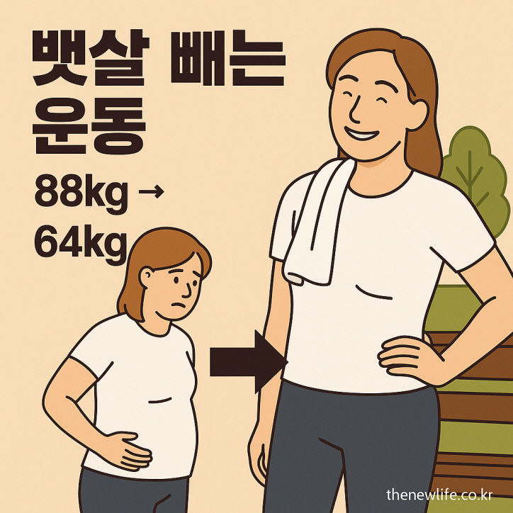 뱃살 빼는 운동에 성공한 여성이 밝게 웃으며 스트레칭을 하는 모습