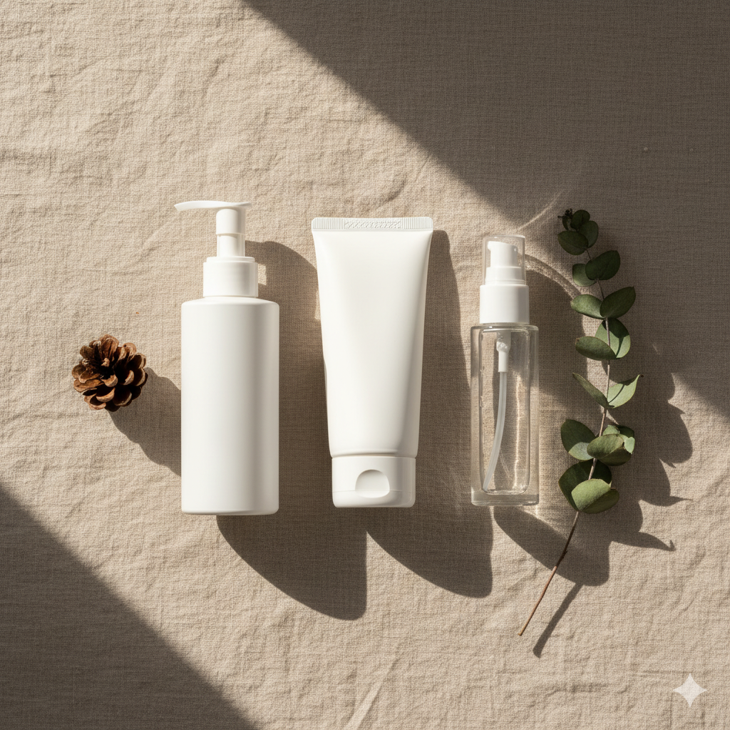 피부 관리 제품과 솔방울, 잎가지가 나란히 놓여 있는 이미지.