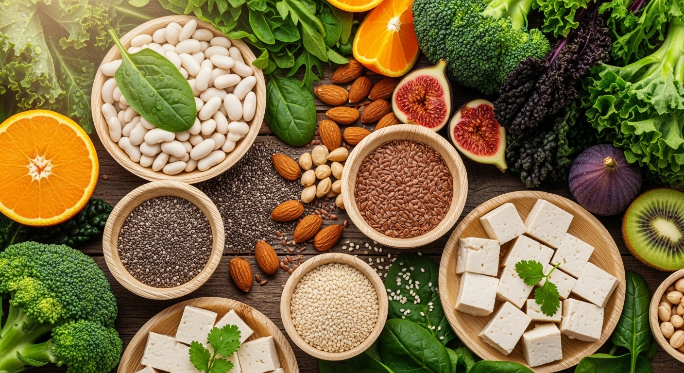 다채로운 채소, 과일, 견과류, 두부 등 갱년기에 좋은 건강 식품들이 놓인 식탁.